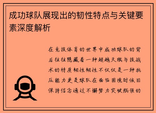 成功球队展现出的韧性特点与关键要素深度解析